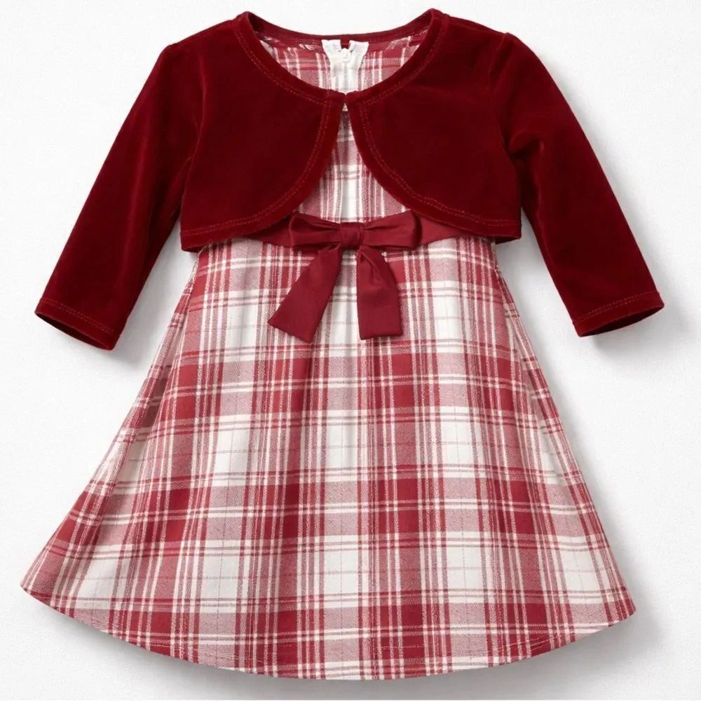 Bonnie Baby red and white plaid holiday dress with velour bolero size 12 months